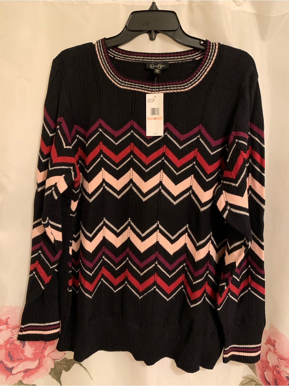 Jessica Simpson Black Crewneck Sweater with Pink, Red & Purple Chevron Stripes